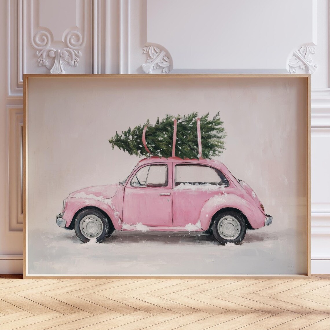 Pink Vintage VW Beetle Carrying a Christmas Tree in Snow Poster