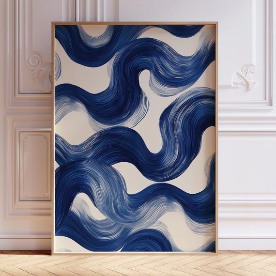 Navy Blue Minimalist Abstract Wall Art Mid Century Modern Waves Print Contemporary Trendy