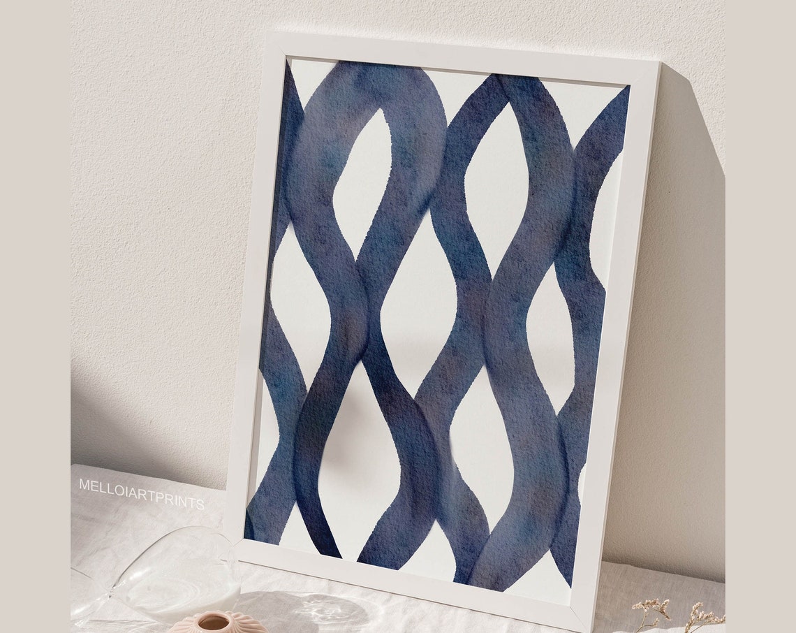 Navy Blue Wavy Lattice Lines White Abstract Watercolor Pattern Poster - Image 3