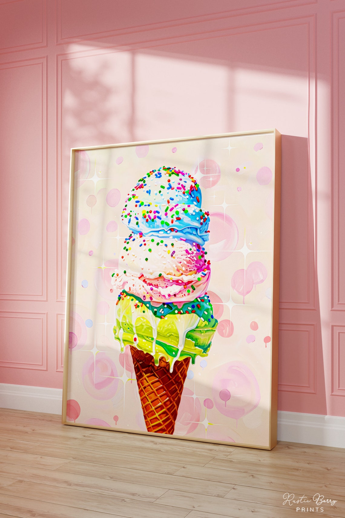 Triple Scoop Ice Cream Cone Rainbow Sprinkles Pastel Summer Wall Art
