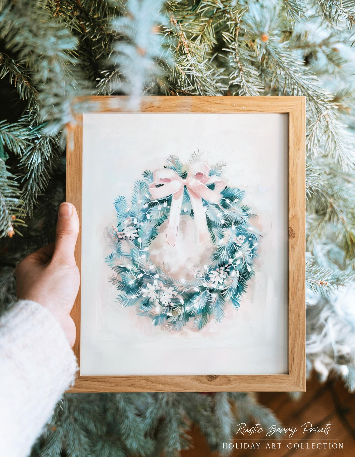 Frosted Blue Winter Wreath Pink Bow Watercolor Holiday Print