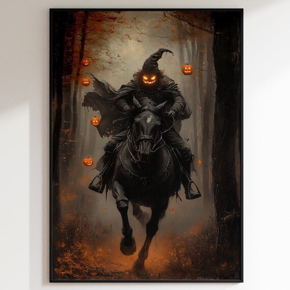 Pumpkin Headed Rider On Black Horse Autumn Forest Fantasy Poster