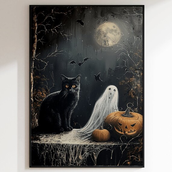 Black Cat Ghost And Pumpkins Under Moon Dark Academia Poster