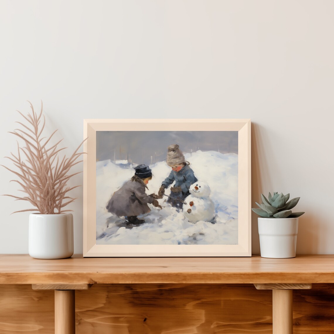 Children Making a Snowman, Vintage Landscape Art Print - Image 4