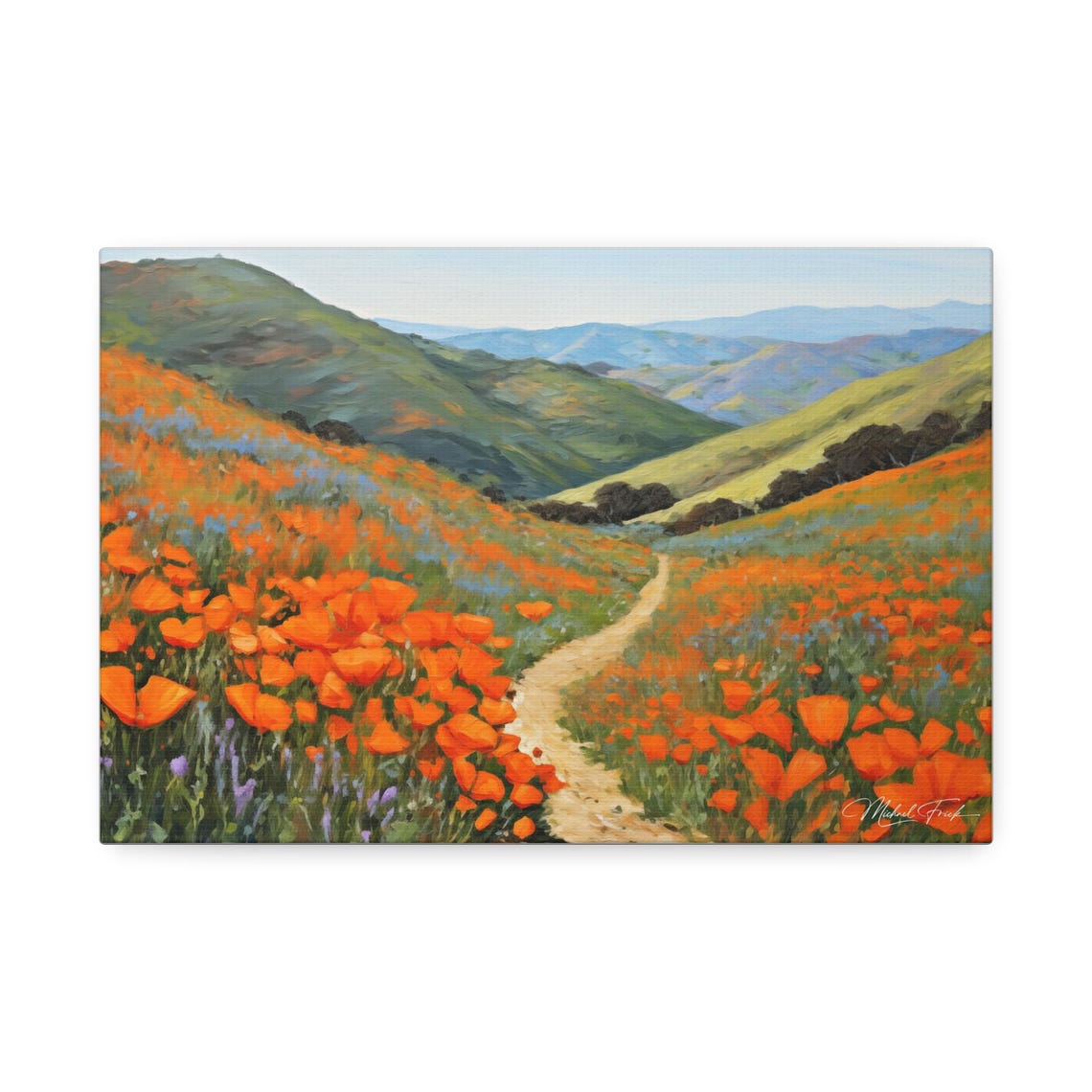 Orange California Poppies Covering A Hillside Valley Path Poster - Image 2