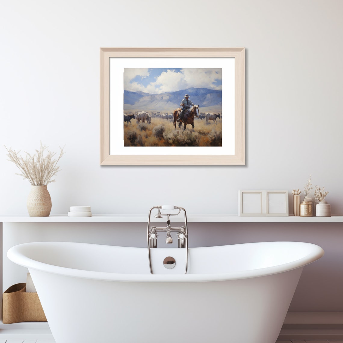 Cowboy On Horseback Herding Cattle In Western Plains Art Poster - Image 3