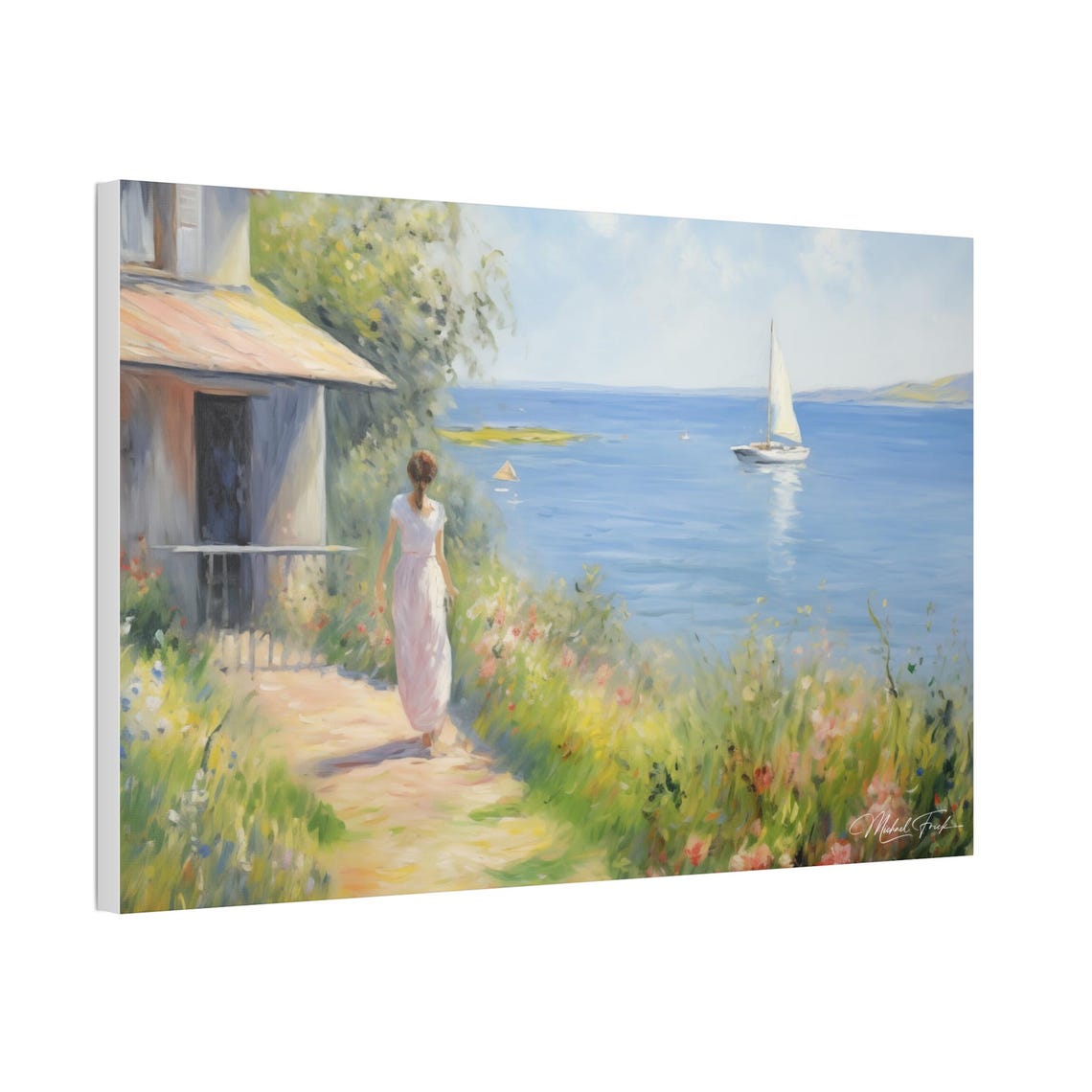 Woman Strolling Toward The Sea With Sailboat Coastal Wall Art - Image 5