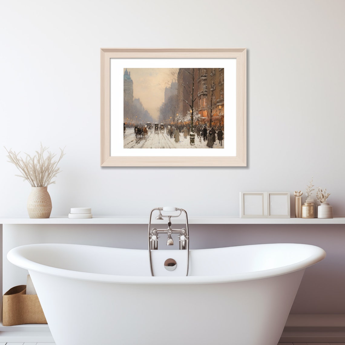Snowy City Street Bustling Winter Night Carriage Scene Poster - Image 3