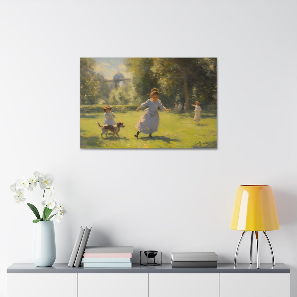 Children Playing With Dog Sunny Summer Park Scene Artwork Poster - Image 7