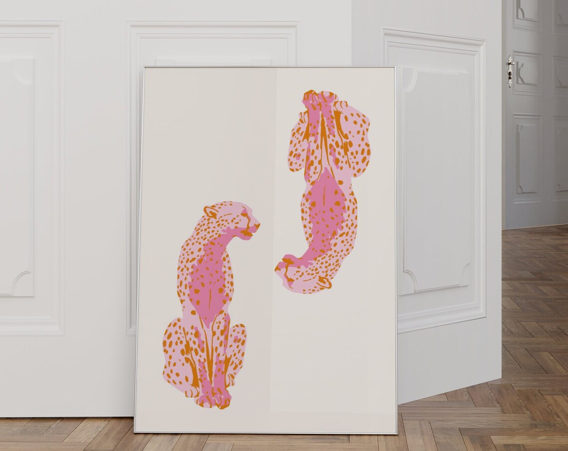 Pink Orange Cheetah Duo Playful Spotted Cat Art Funky Wall Poster - Image 2