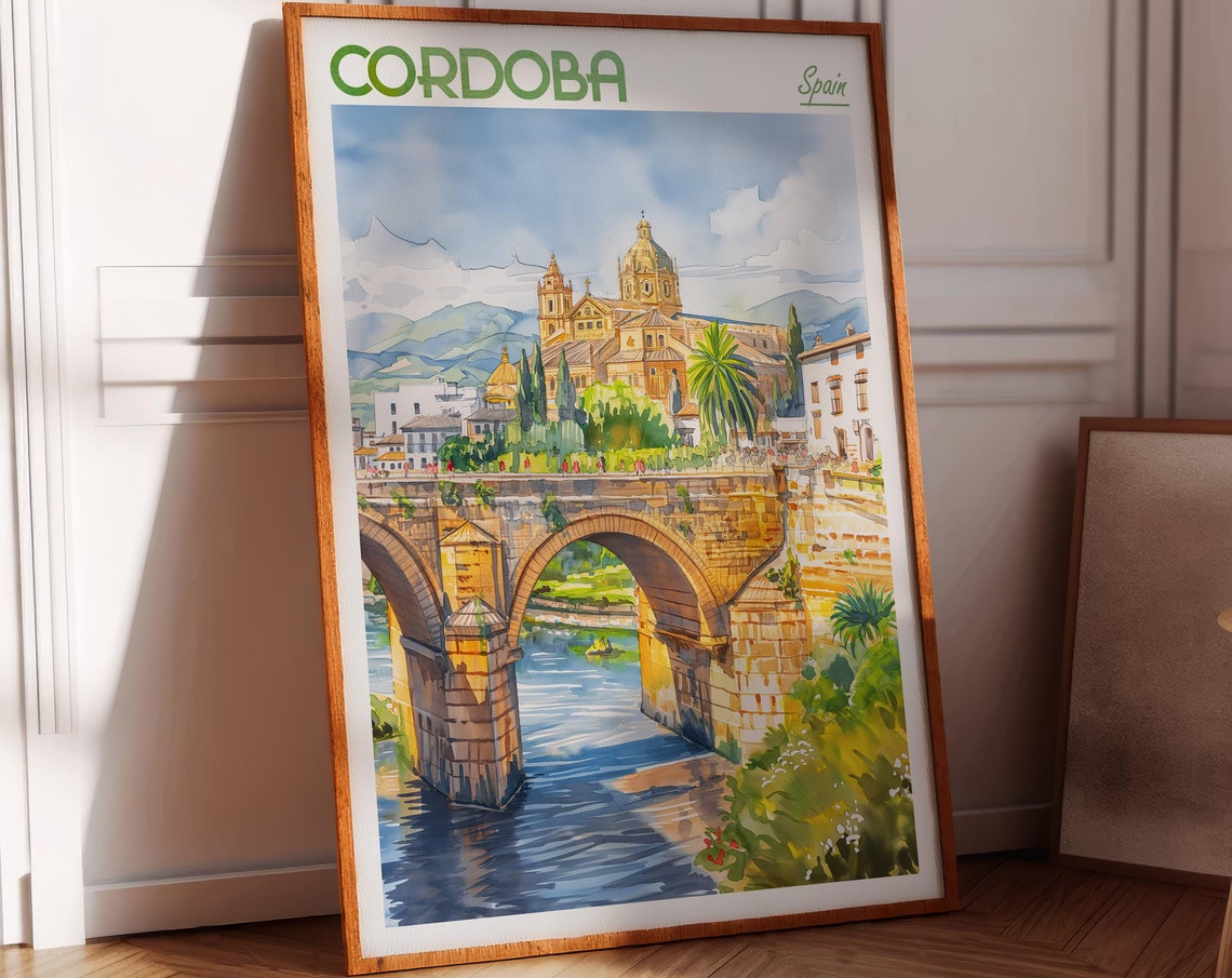 Cordoba Spain Roman Bridge And Cathedral Watercolor Travel Poster