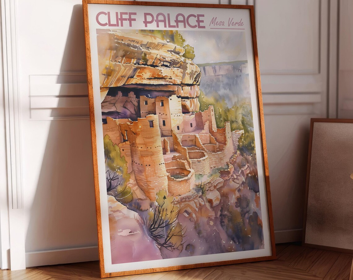 Cliff Palace Mesa Verde National Park Watercolor Travel Poster