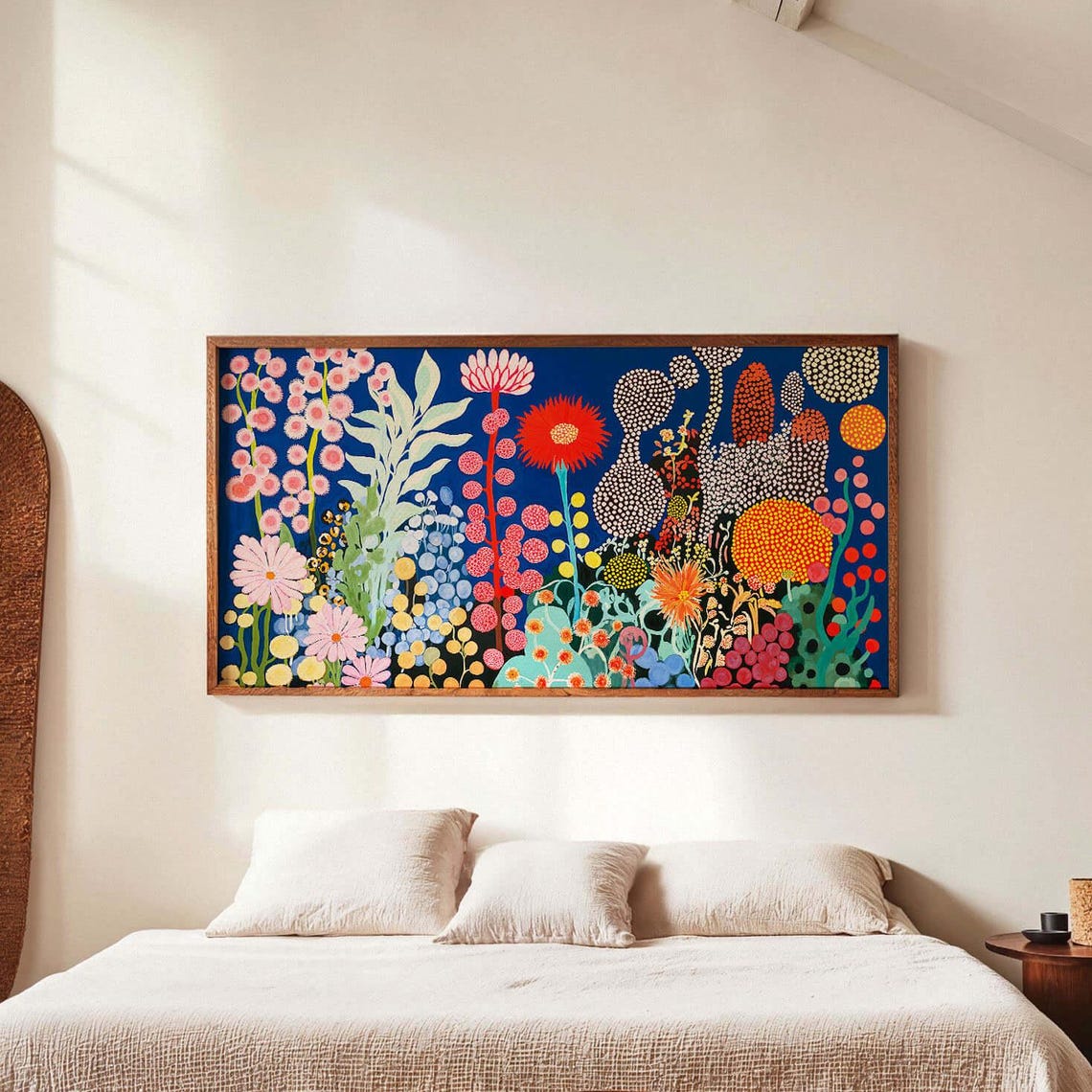 Kusama Inspired Panoramic Cobalt Blue Dotted Wildflower Poster