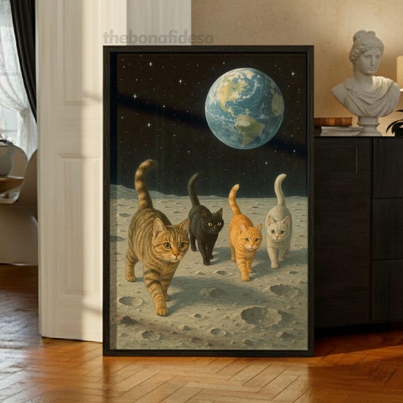 Cats On The Moon Wall Art Print Surreal Space Fantasy Poster