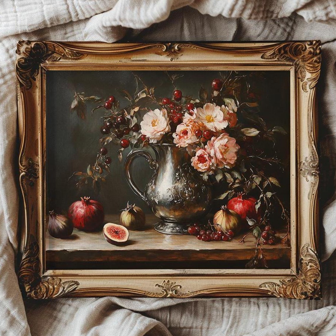 Silver Pitcher with Roses Pomegranates Moody Kitchen Still Life Poster