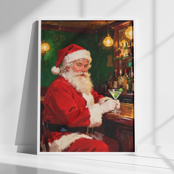Santa Claus with Martini at Bar Vintage Christmas Humor Poster