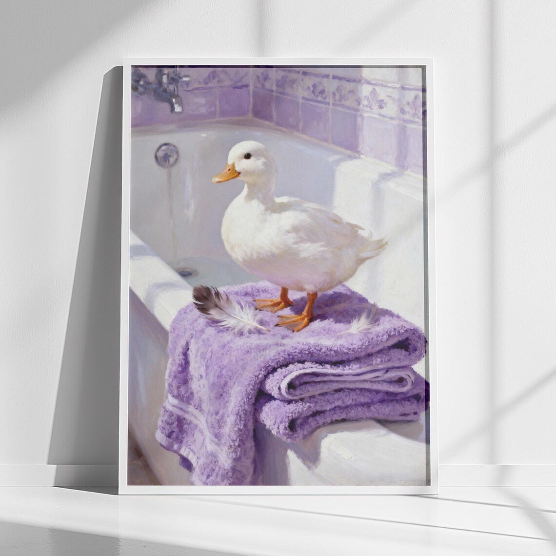 White Duck Standing on Purple Towels Bathtub Bathroom Poster