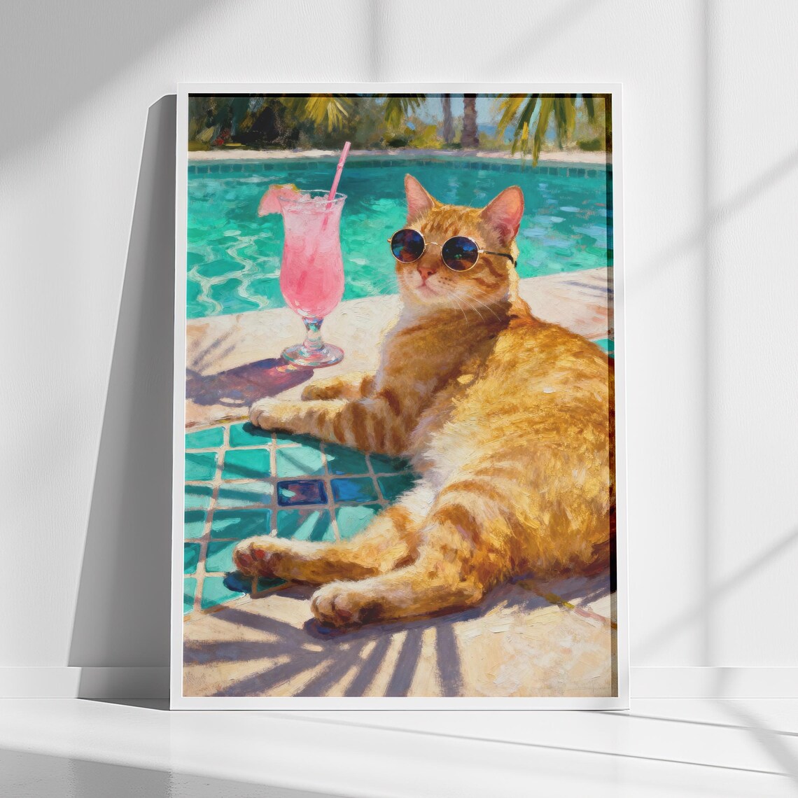 Tabby Cat Poolside Pink Cocktail Pet Print