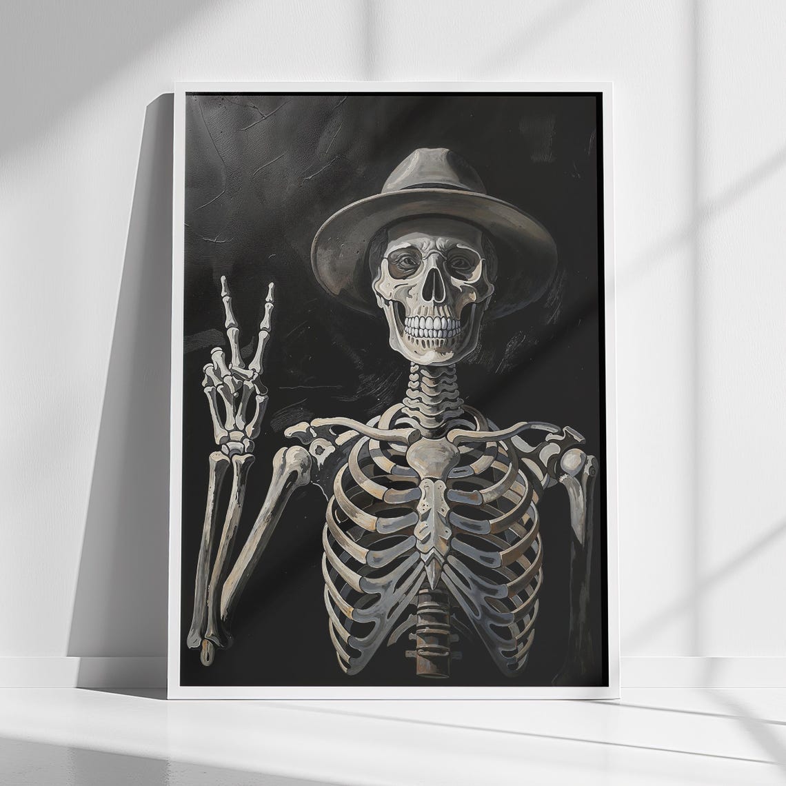 Skeleton in Hat Peace Sign Gothic Vintage Black Oil Painting Poster