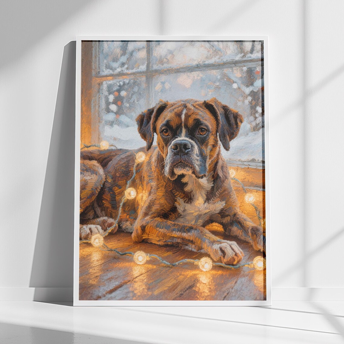 Cozy Boxer Dog Christmas Lights Snowy Window Painting Art Poster