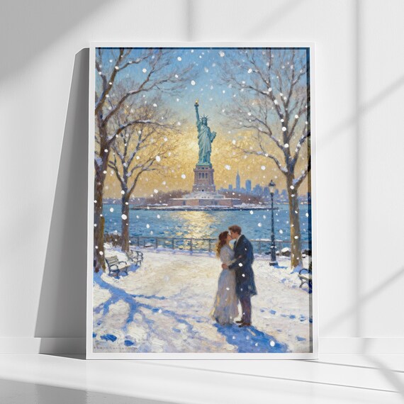 Statue of Liberty Winter Romance Couple in Snow New York Poster