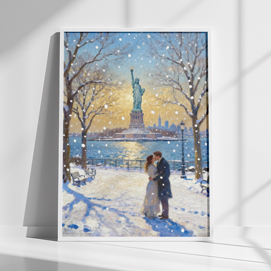 Statue of Liberty Winter Romance Couple in Snow New York Poster