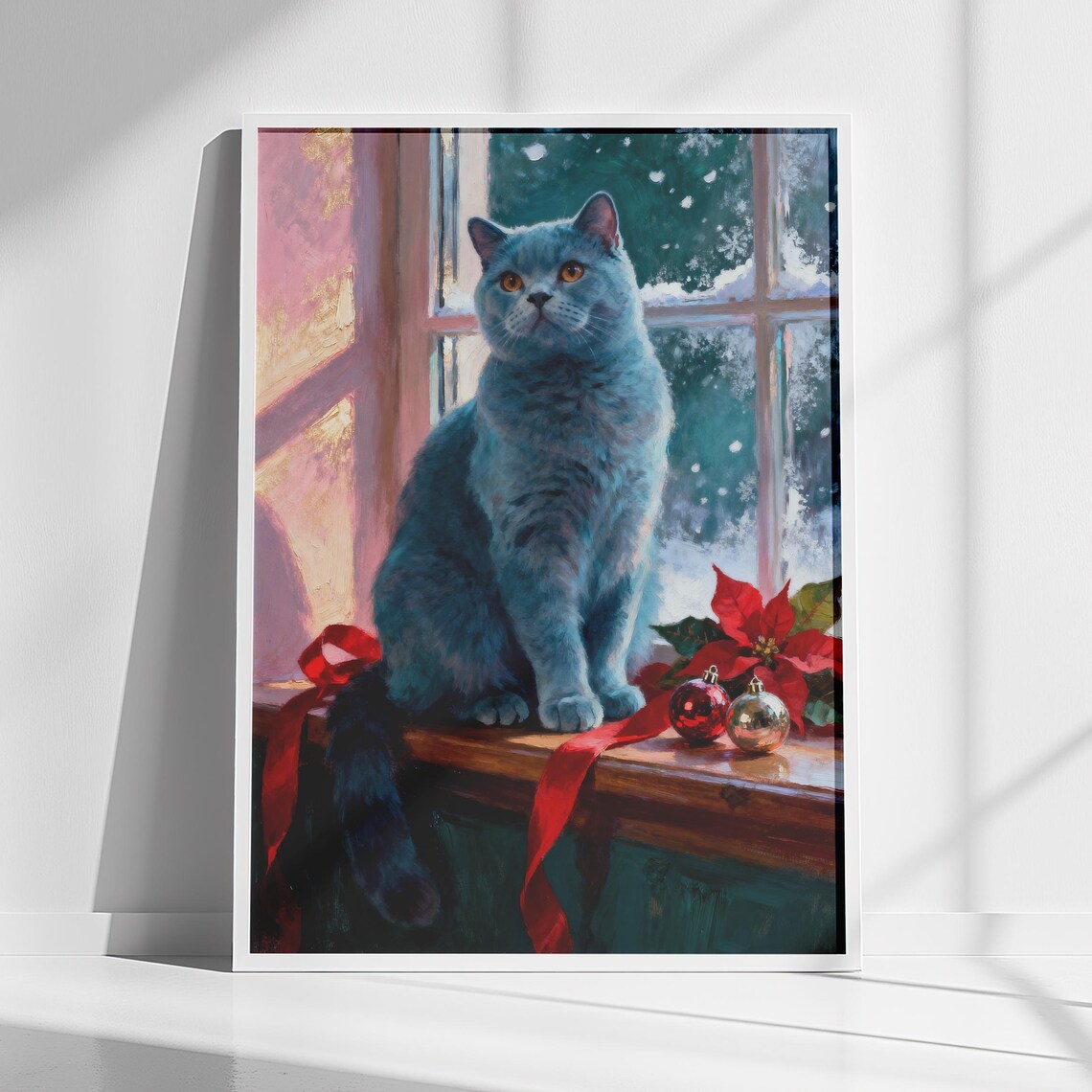British Shorthair Christmas Cat By Window, Art Print