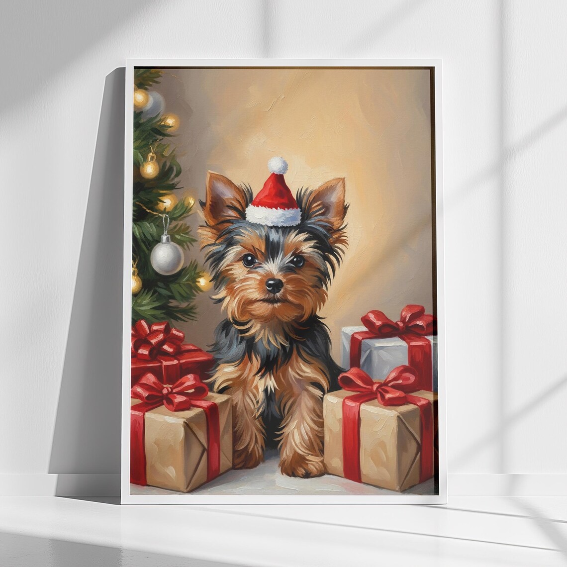 Yorkshire Terrier Puppy Santa Hat Christmas Gifts Portrait Poster