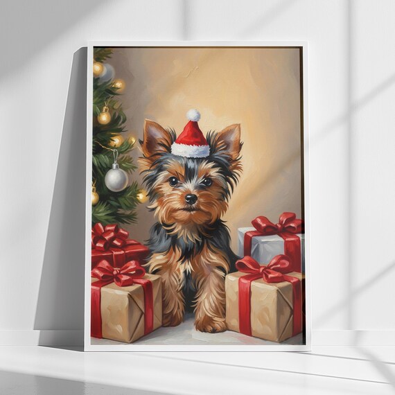 Yorkshire Terrier Puppy Santa Hat Christmas Gifts Portrait Poster