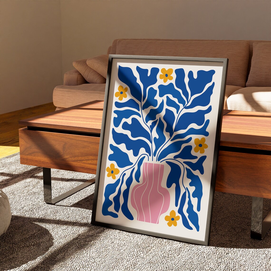 Summer Bloom Blue Leaves Pink Vase Matisse Style Botanical Poster