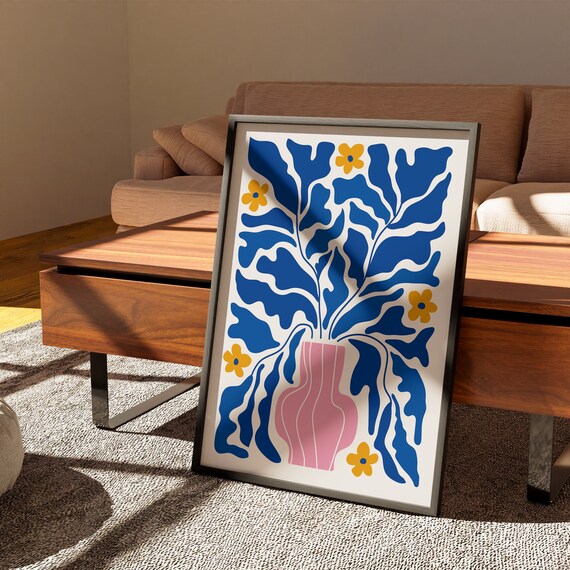 Summer Bloom Electric Blue Leaves Golden Poppies Retro Matisse Colorful Mid Century Poster Art Print