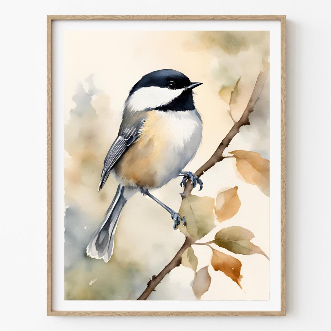 Chickadee Watercolor Art Print, Minimalist Branch Study