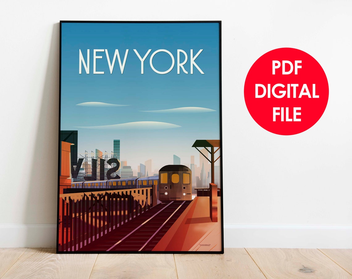 New York City Subway Travel Poster Elevated Train Sunset Scene