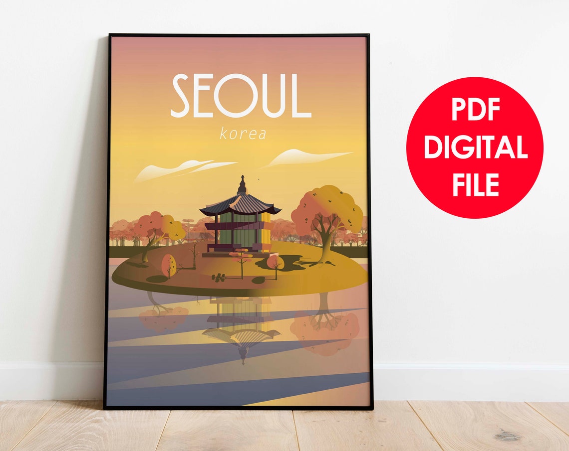 Seoul Korea Travel Poster Sunset Pagoda Lake Reflection Scene