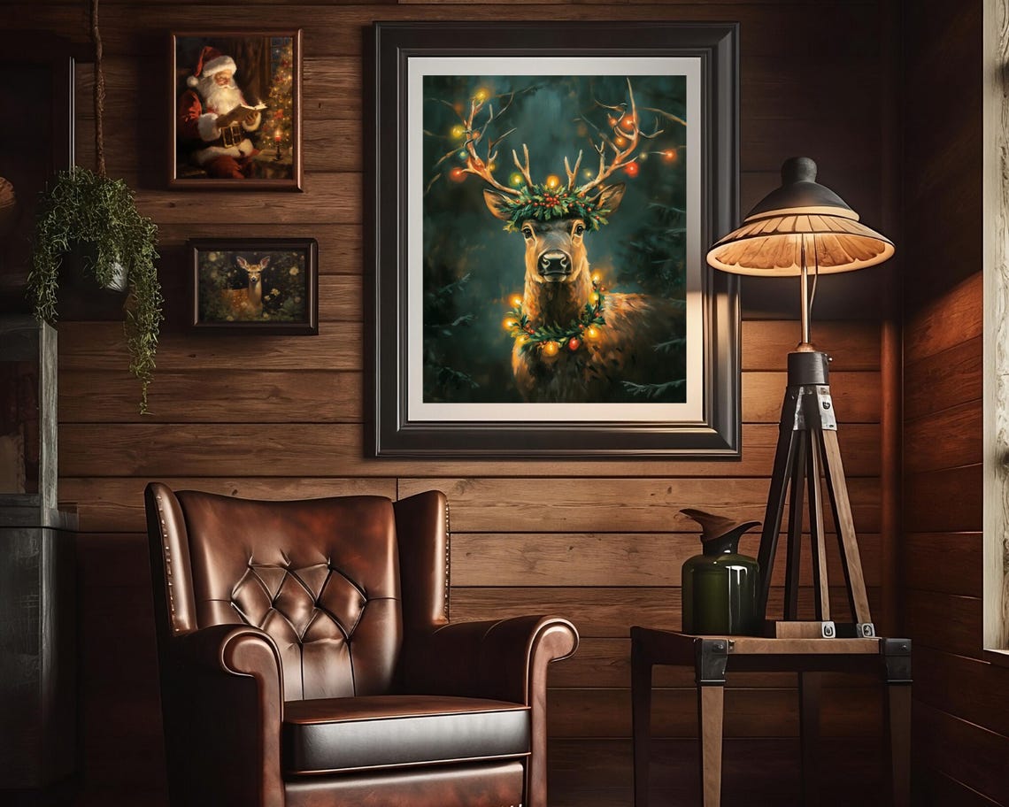 Reindeer Christmas Vintage Oil Painting Art Print - Image 2