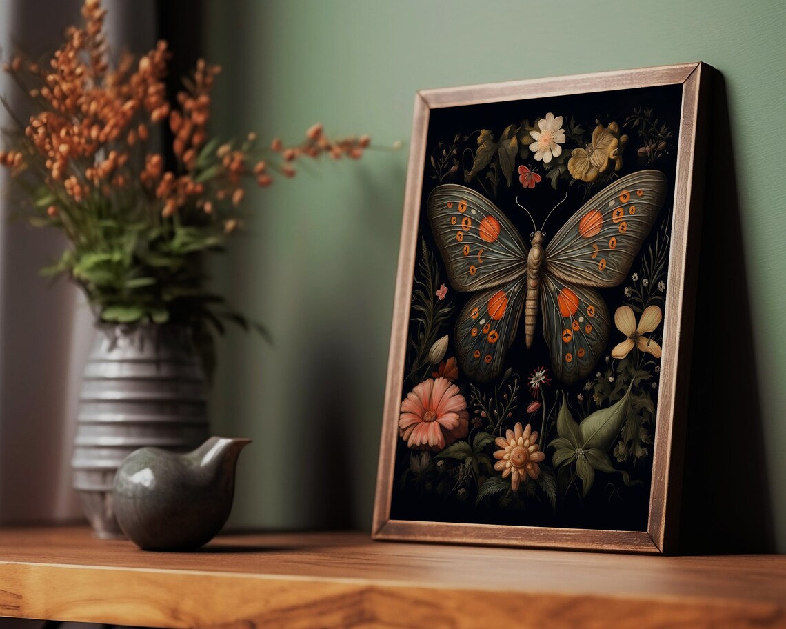 Black Moth Botanical Butterfly, Gothic Cottagecore Art Print - Image 3