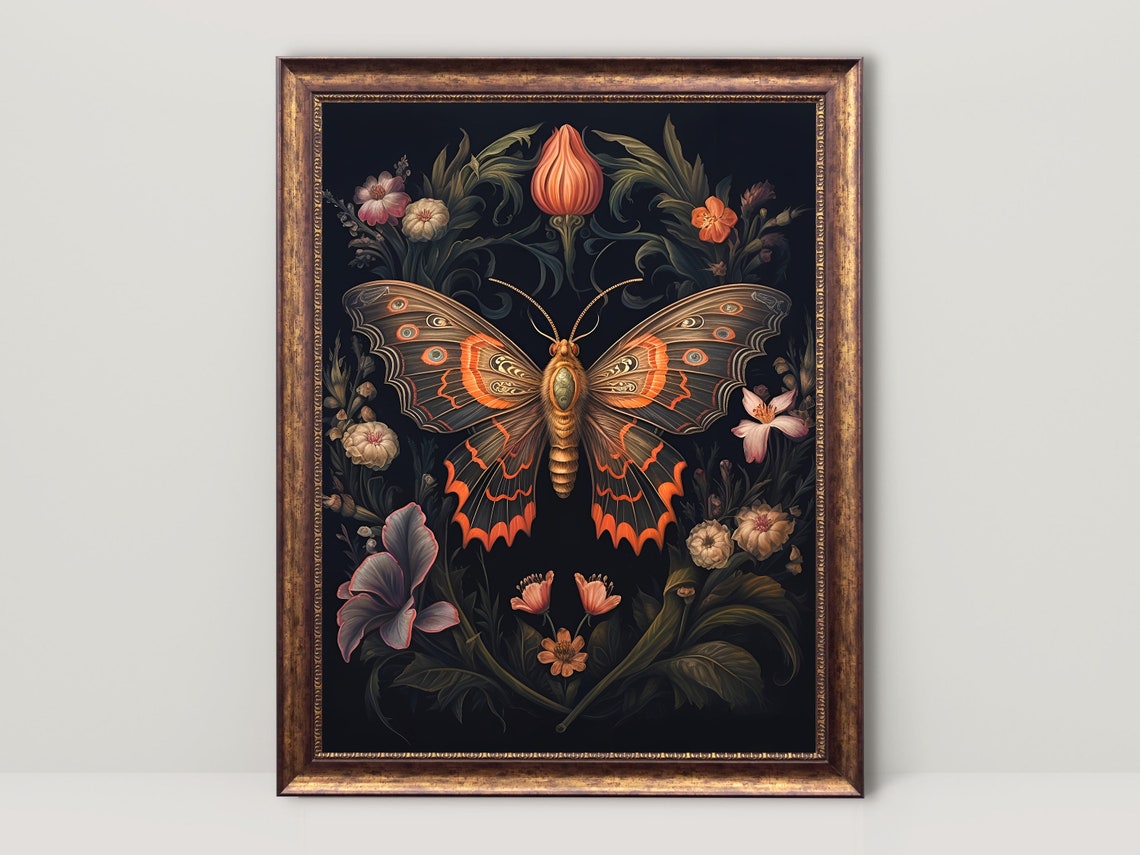 Atlas Moth, Dark Floral Gothic Cottagecore Art Print