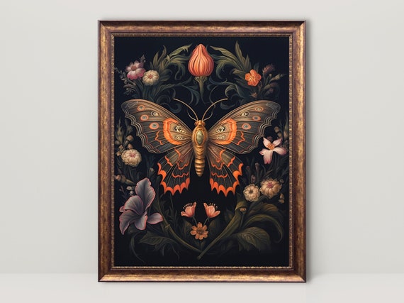 Atlas Moth, Dark Floral Gothic Cottagecore Art Print