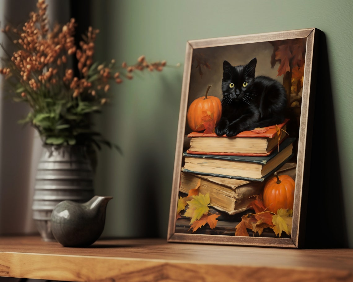 Black Cat on Books, Vintage Halloween Poster Print - Image 2