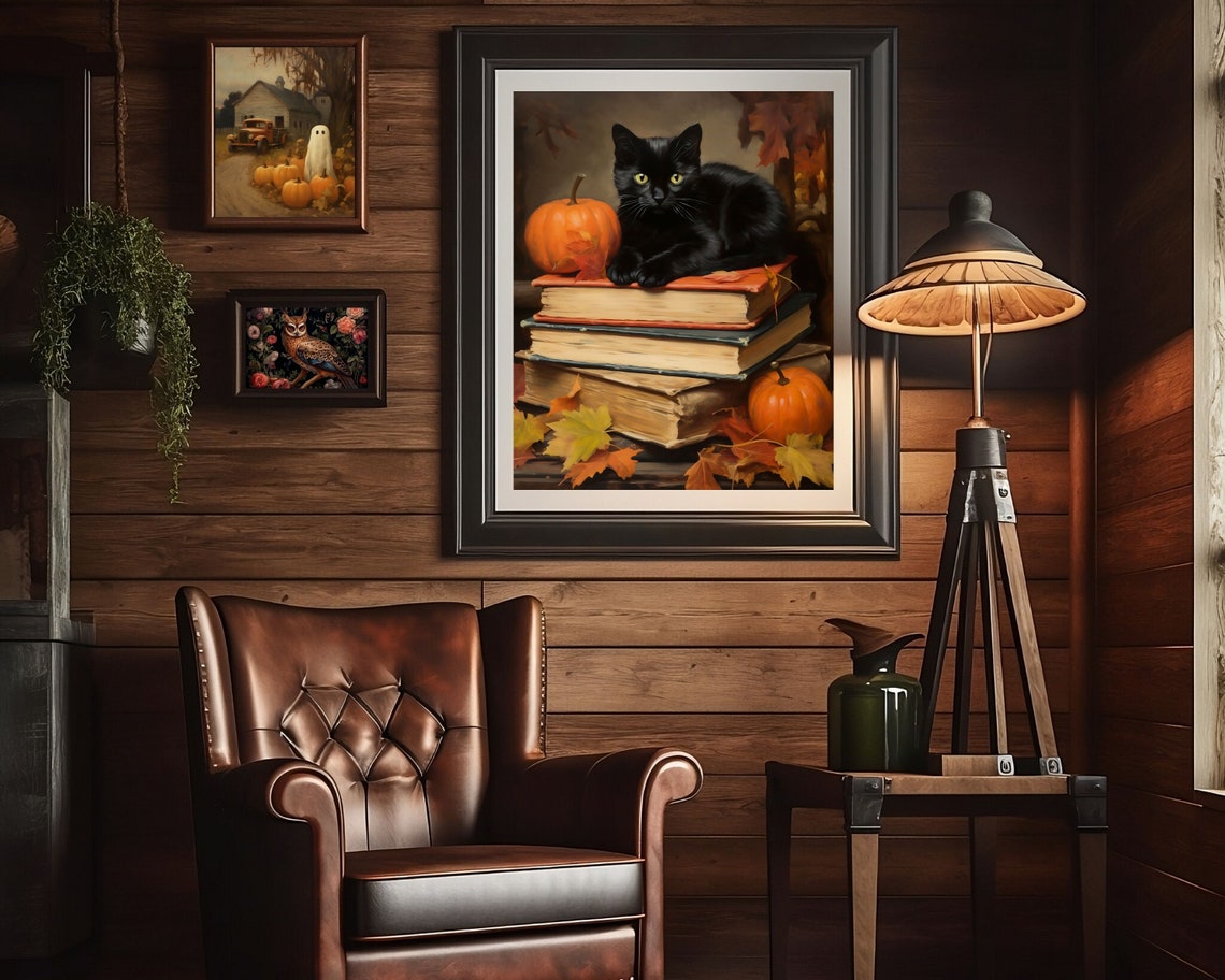 Black Cat on Books, Vintage Halloween Poster Print - Image 3