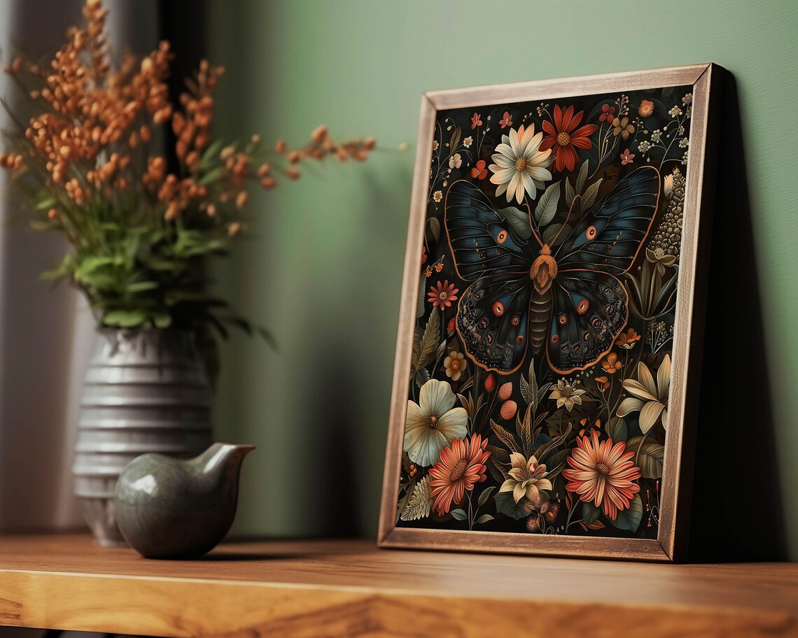 Black Butterfly Botanical Moth Art Print, Dark Academia - Image 2