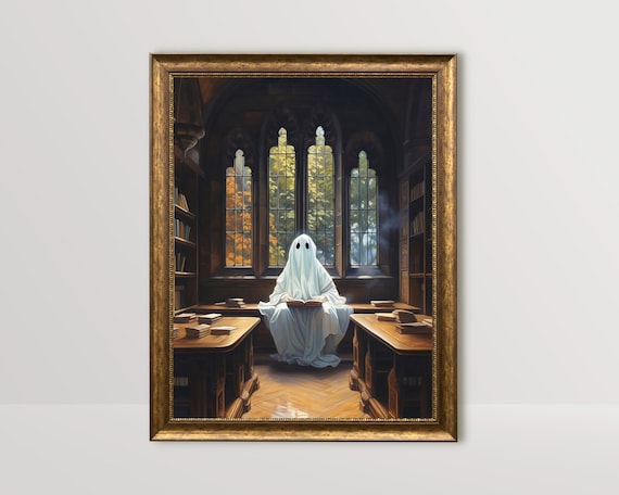 Cute Little Ghost Reading A Book In A Dark Gothic Library Print