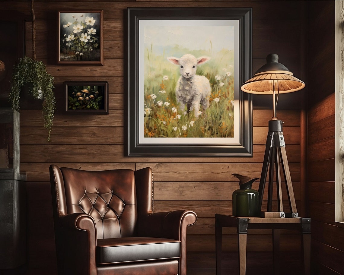 Vintage Lamb Oil-Painting-Style Art Print, Rustic Farmhouse - Image 2