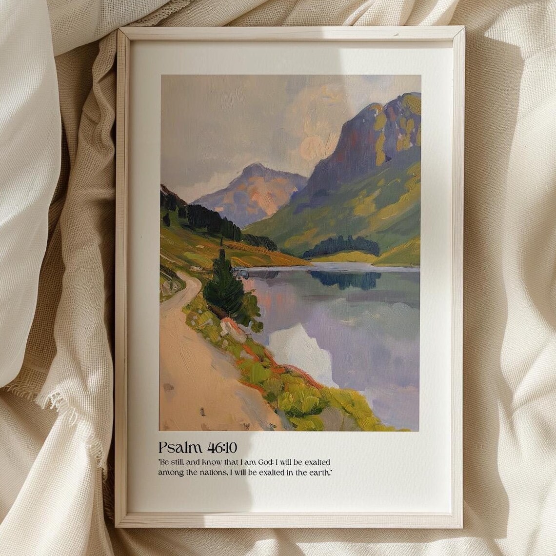 Psalm 46:10 Be Still Mountain Lake Oil Painting Scripture Poster
