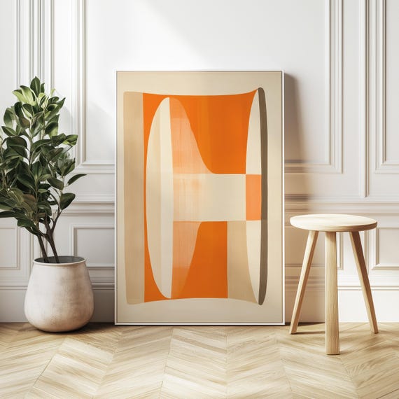 Minimalist Orange Beige Abstract Art Right Modern Geometric Wall Dcor Warm Tones Contemporary Home Dcor Calming 2d Shapes On Beige