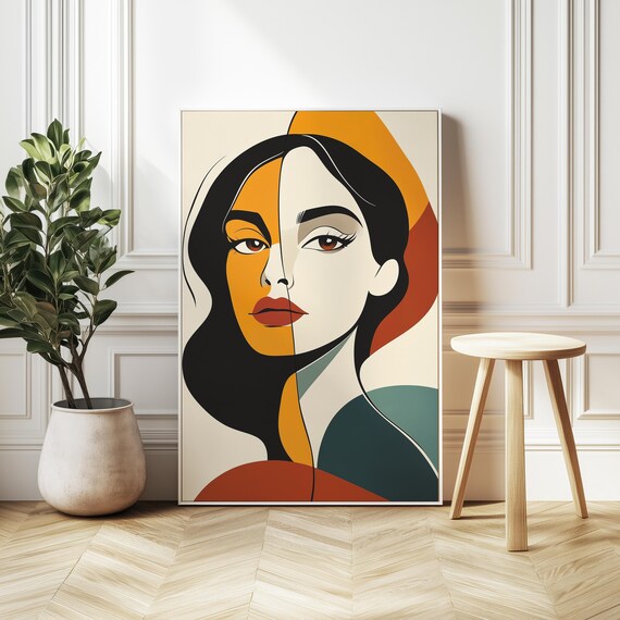Split Face Female Portrait Retro Geometric Earth Tone Abstract Poster