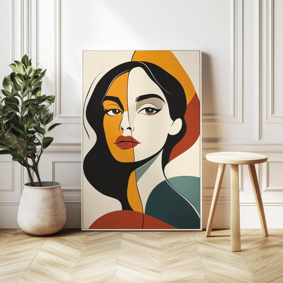 Vintage Female Portrait Minimalist Design Abstract Shapes Earthy Color Palette Bold Lines Poster Style Vector Art Print Retro Artwork