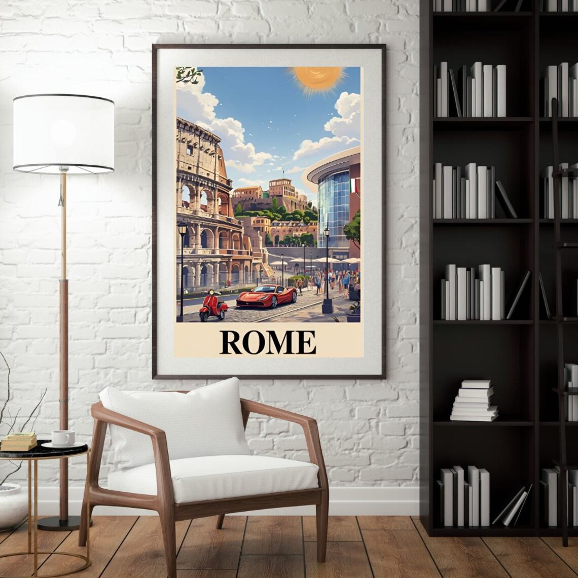 Rome Colosseum Street Scene Red Sports Car Vespa Vintage Poster