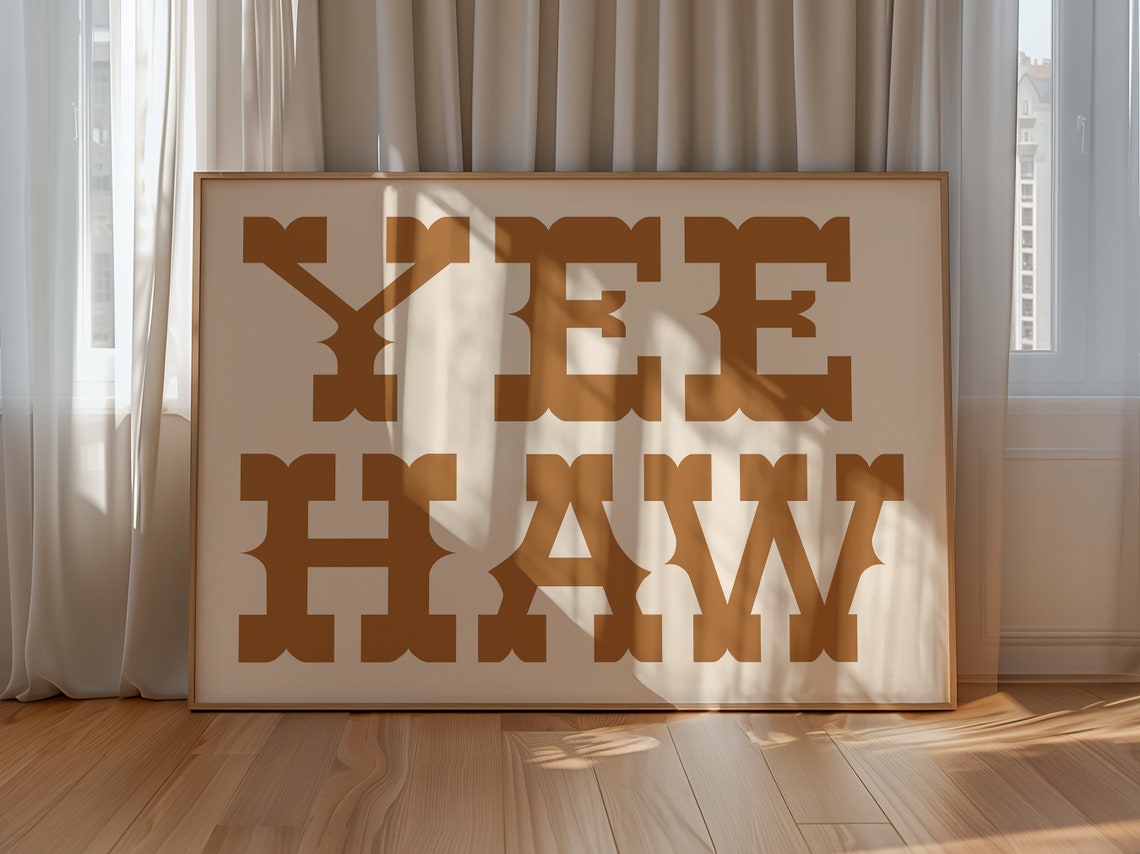 Yee Haw Block Letter Tan Western Typography Statement Wall Art