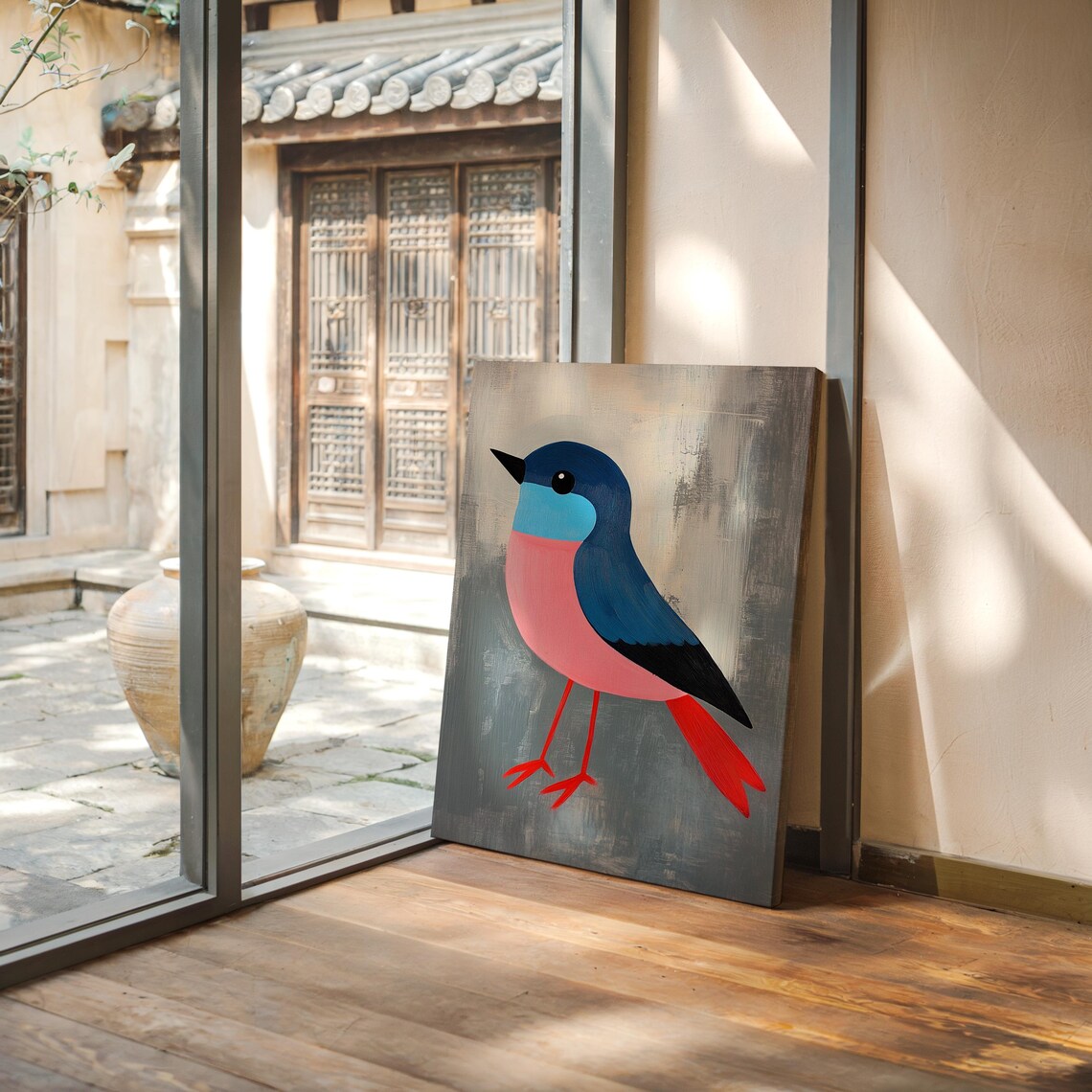 Minimalist Pink Blue Bird Illustration Modern Colorful Wall Art - Image 2